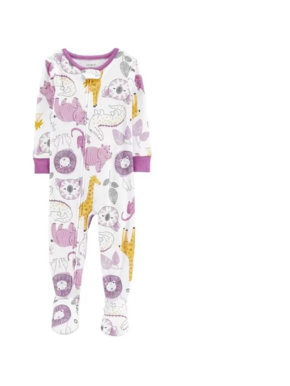Carters 1 Pc Pajamas 5T Girls Long Sleeve White Purple Safari Zip Up Footed